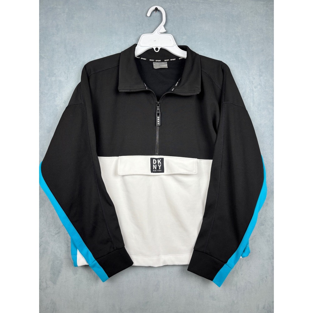 DKNY Sport Womens Quarter Zip Colorblock Sweatshirt Black White Blue Large